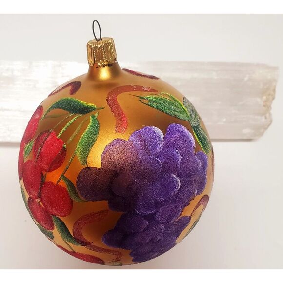 Hand Painted Ornament 4"Brassy Gold Jewel Tone Fruits Flocked Texture w/ Sparkle - Picture 1 of 14
